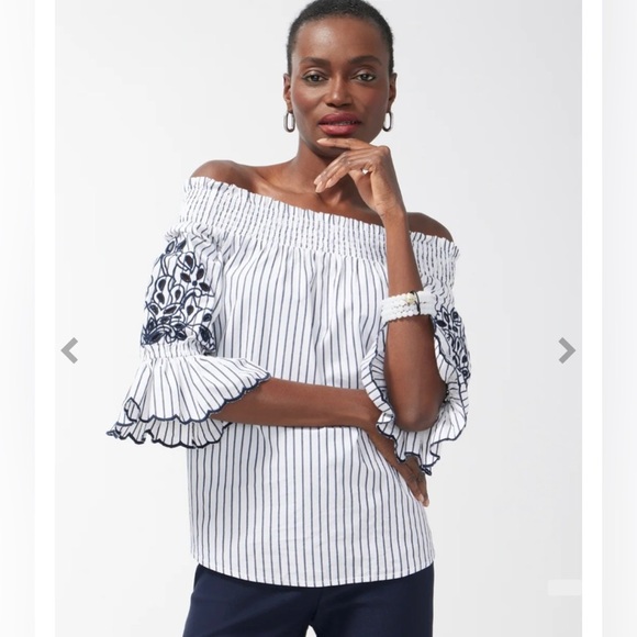 NWT Chicos Off-Shoulder Slim Stripe Tunic Size 0.5 Small - Picture 1 of 9